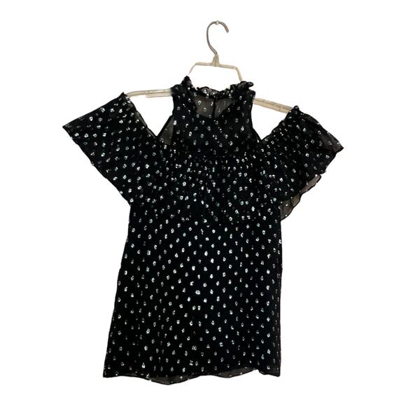 Rebecca Taylor Cold Shoulder Print silver Clipped Jacquard Top Black Sz 0 - Picture 2 of 11